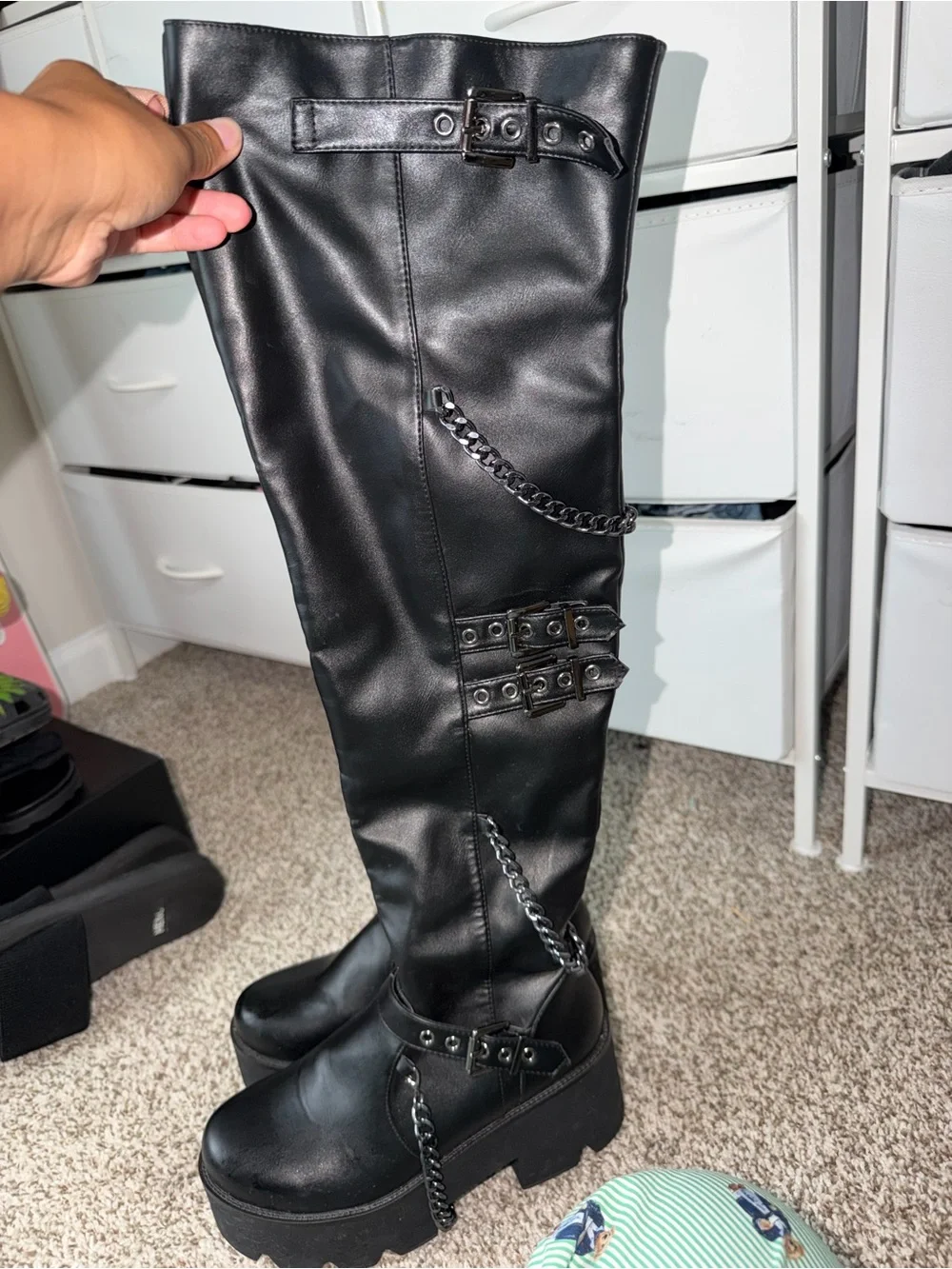 Black Over-the-Knee Platform Boots with Chain & Buckle Details
